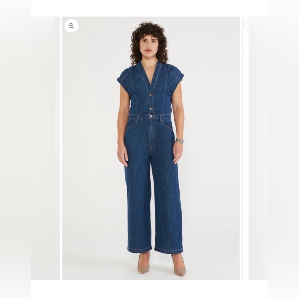 Etica Celestine Wide Leg Denim Jumpsuit in a Dark Wash Size L